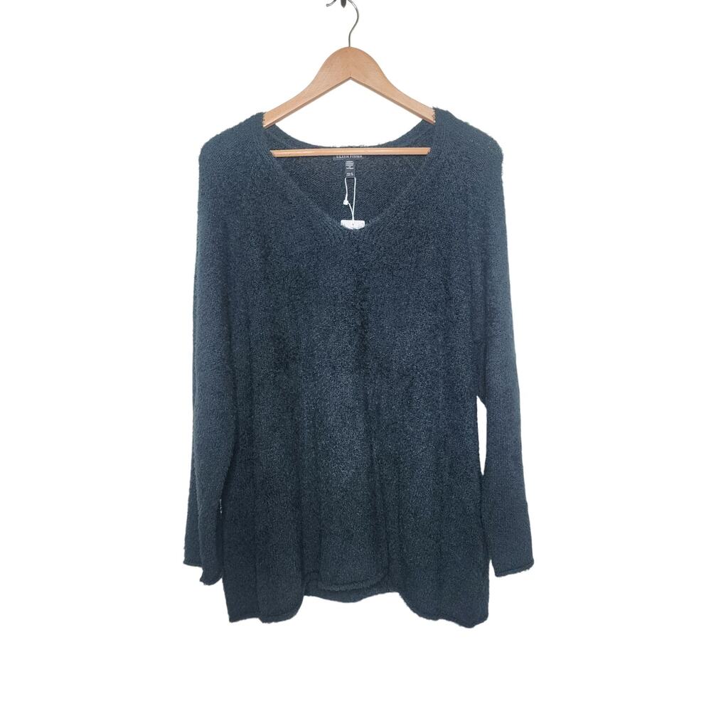 Eileen Fisher Green V Neck Long Sleeve Fuzzy Sweater Women's Size XL